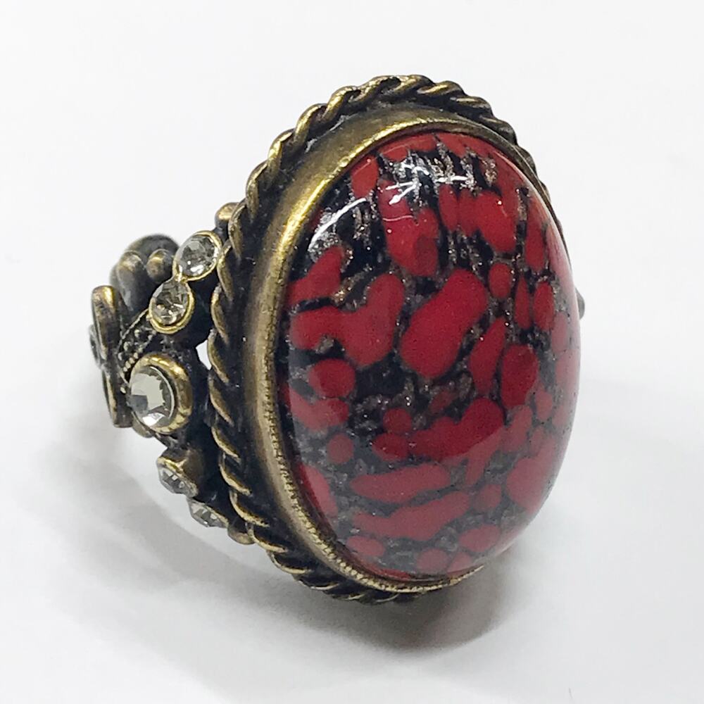 Ollipop USA Vintage Cocktail Chunky Large Ring Adjustable Red Black Stone Brass - Picture 14 of 15